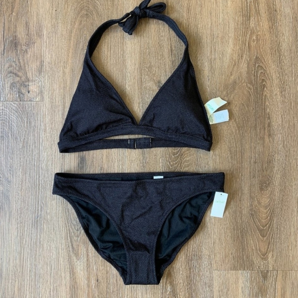 NWT Aerie Halter Bikini Top And Bikini Bottoms Set Size Medium Black Textured